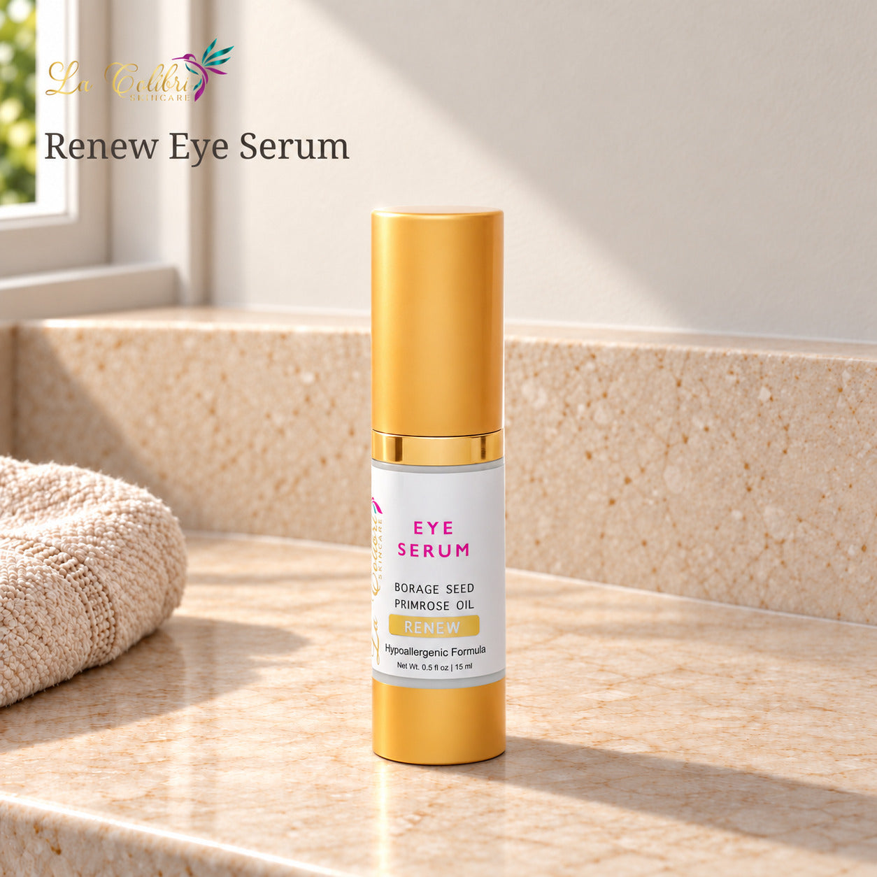 Renew Eye Serum - 0.5 fl oz on a sunlit marble surface.
