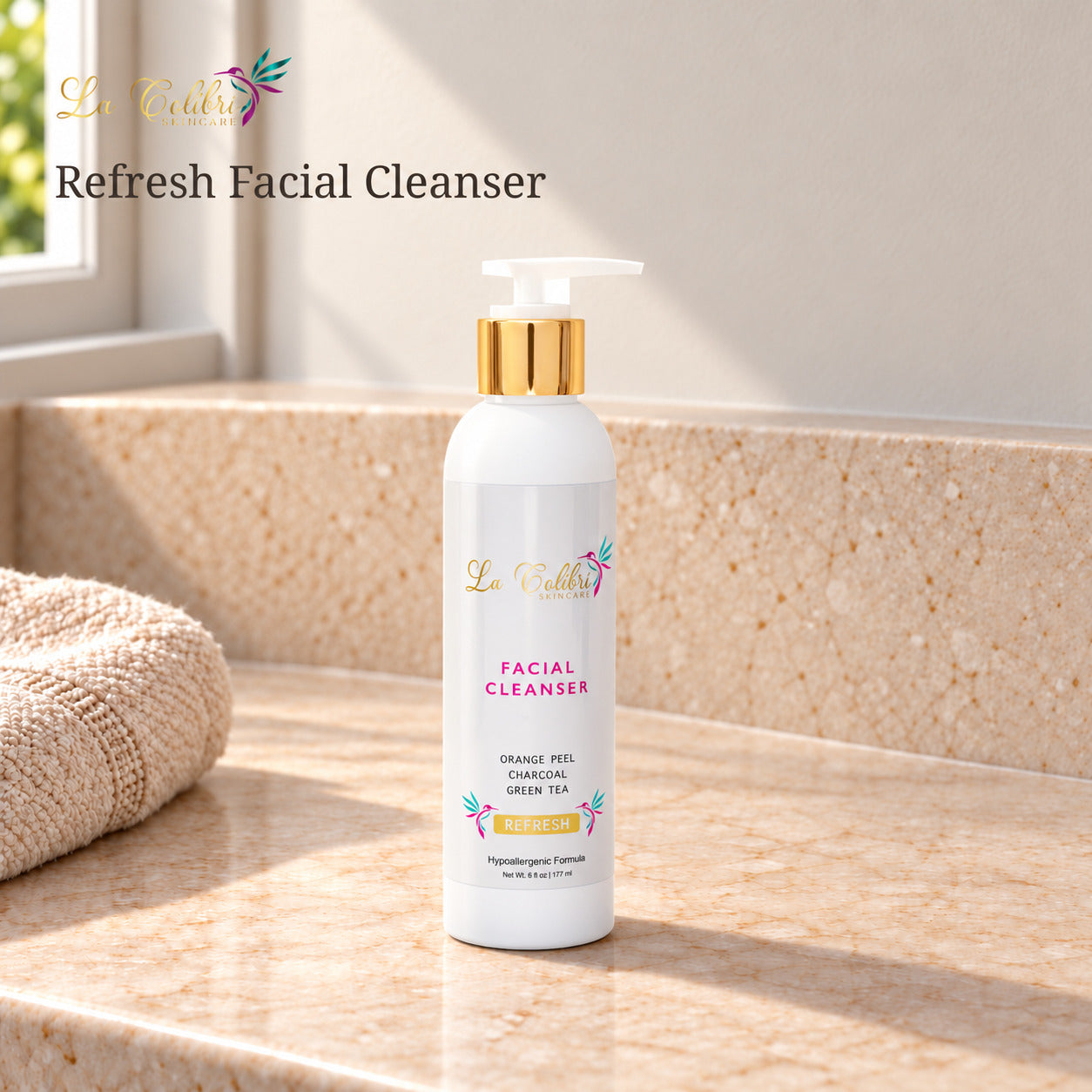 Refresh Facial Cleanser - 6 fl oz on a sunlit marble surface.