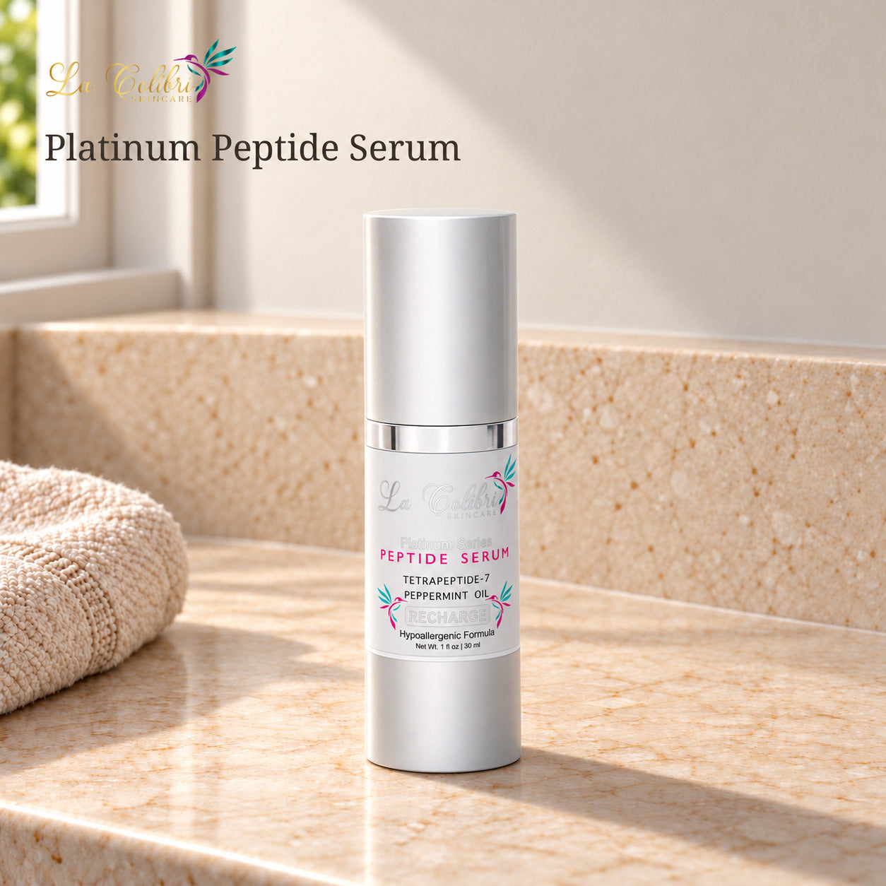 Platinum Peptide Serum - 1 fl oz on a sunlit marble surface.