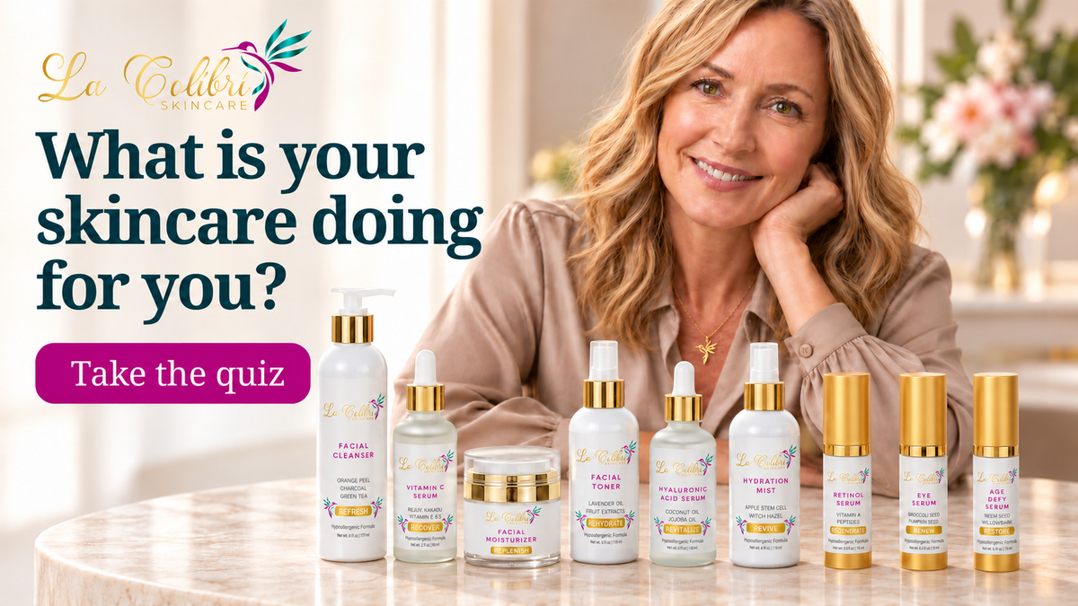 Rose wearing a gold hummingbird pendant beside La Colibri skincare products. What is your skincare doing for you? Take the quiz.