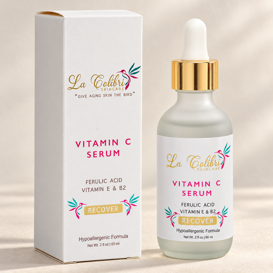 La Colibri Recover Vitamin C Serum, 2 fl oz / 60 mL: bottle and carton on an ivory studio surface