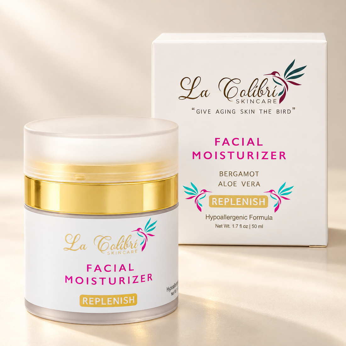 La Colibri Replenish Facial Moisturizer, 1.7 fl oz / 50 mL: jar and carton on an ivory studio surface