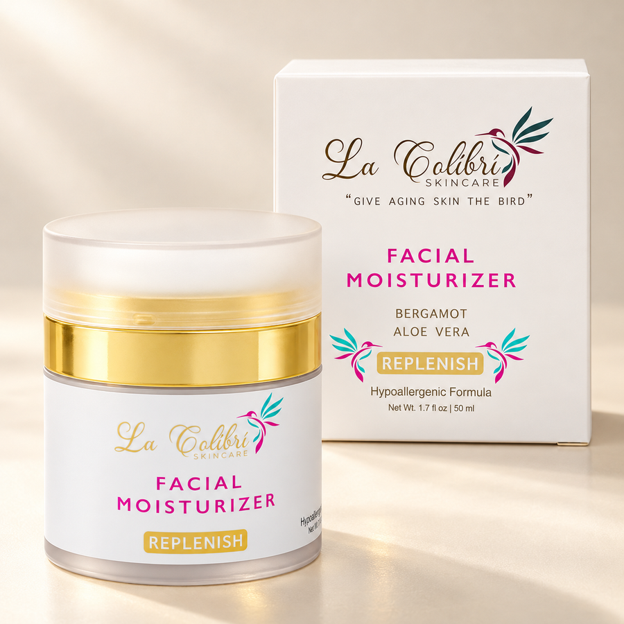 La Colibri Replenish Facial Moisturizer, 1.7 fl oz / 50 mL: jar and carton on an ivory studio surface