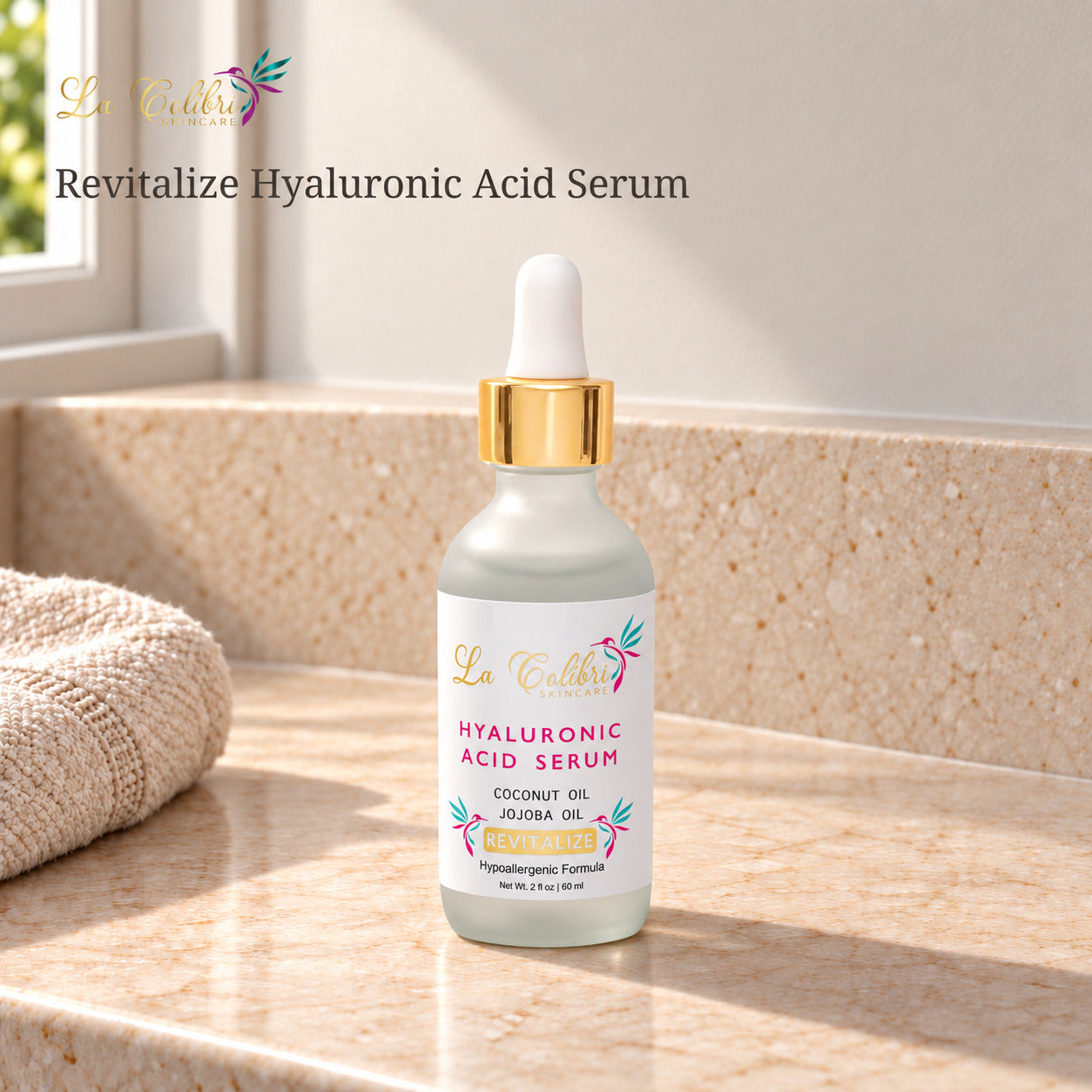 Revitalize Hyaluronic Acid Serum - 2 fl oz on a sunlit marble surface.