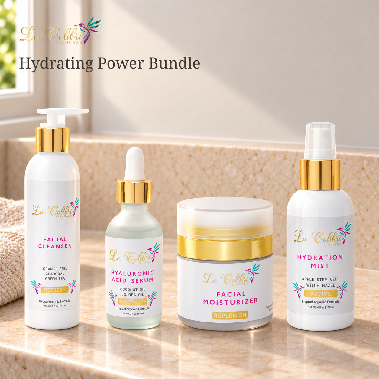 Hydrating Power Bundle on a sunlit marble surface.
