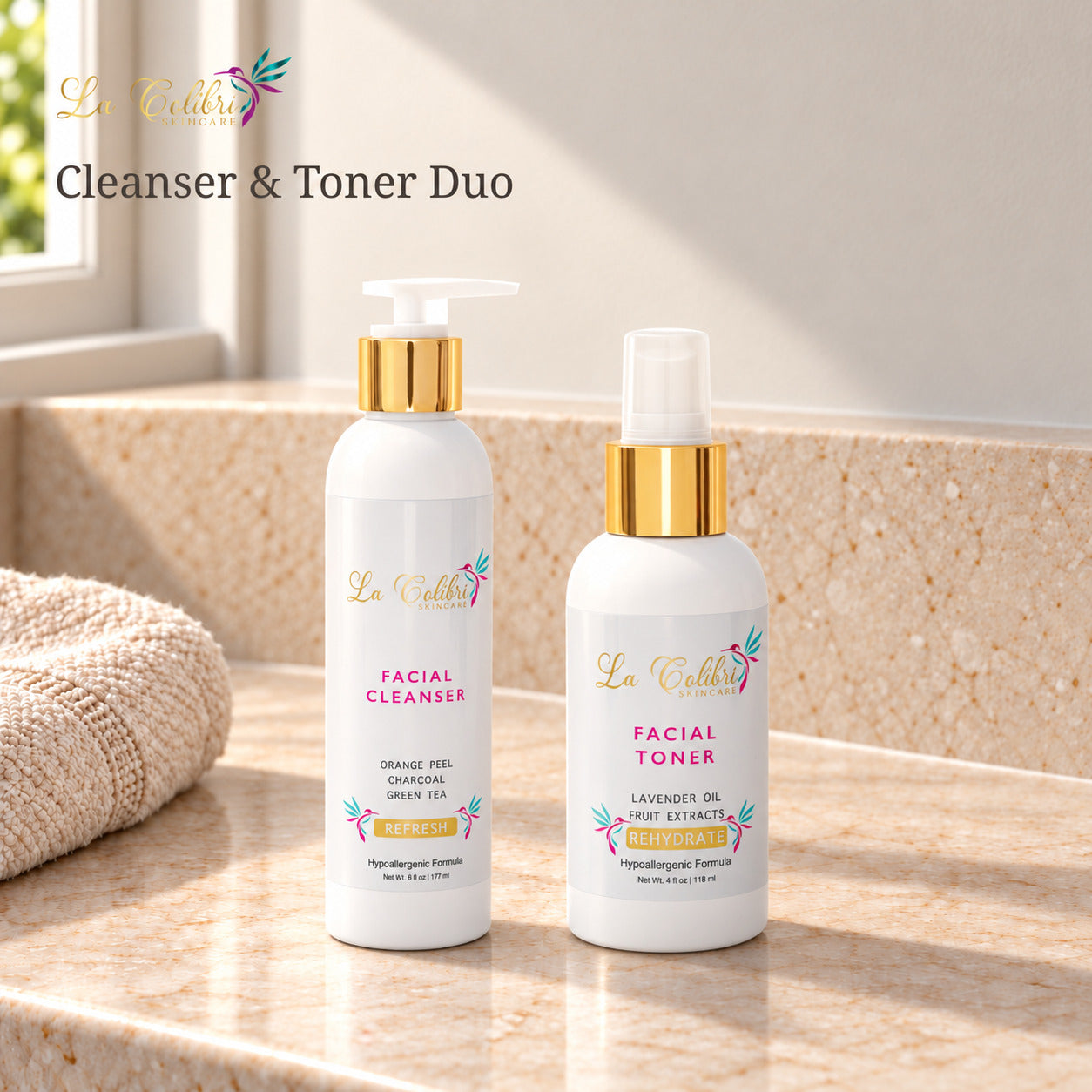 Cleanser & Toner Duo on a sunlit marble surface.