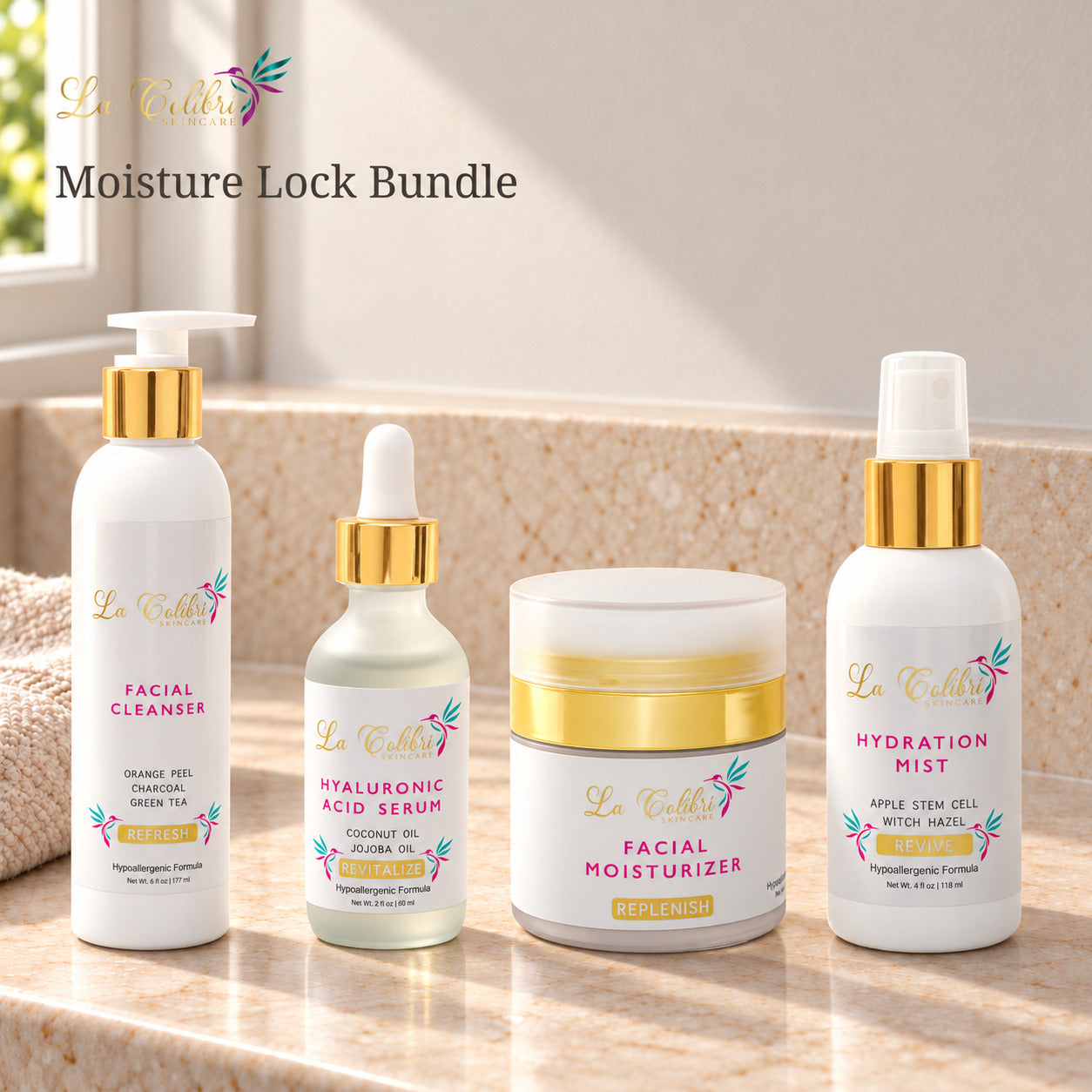 Moisture Lock Bundle on a sunlit marble surface.
