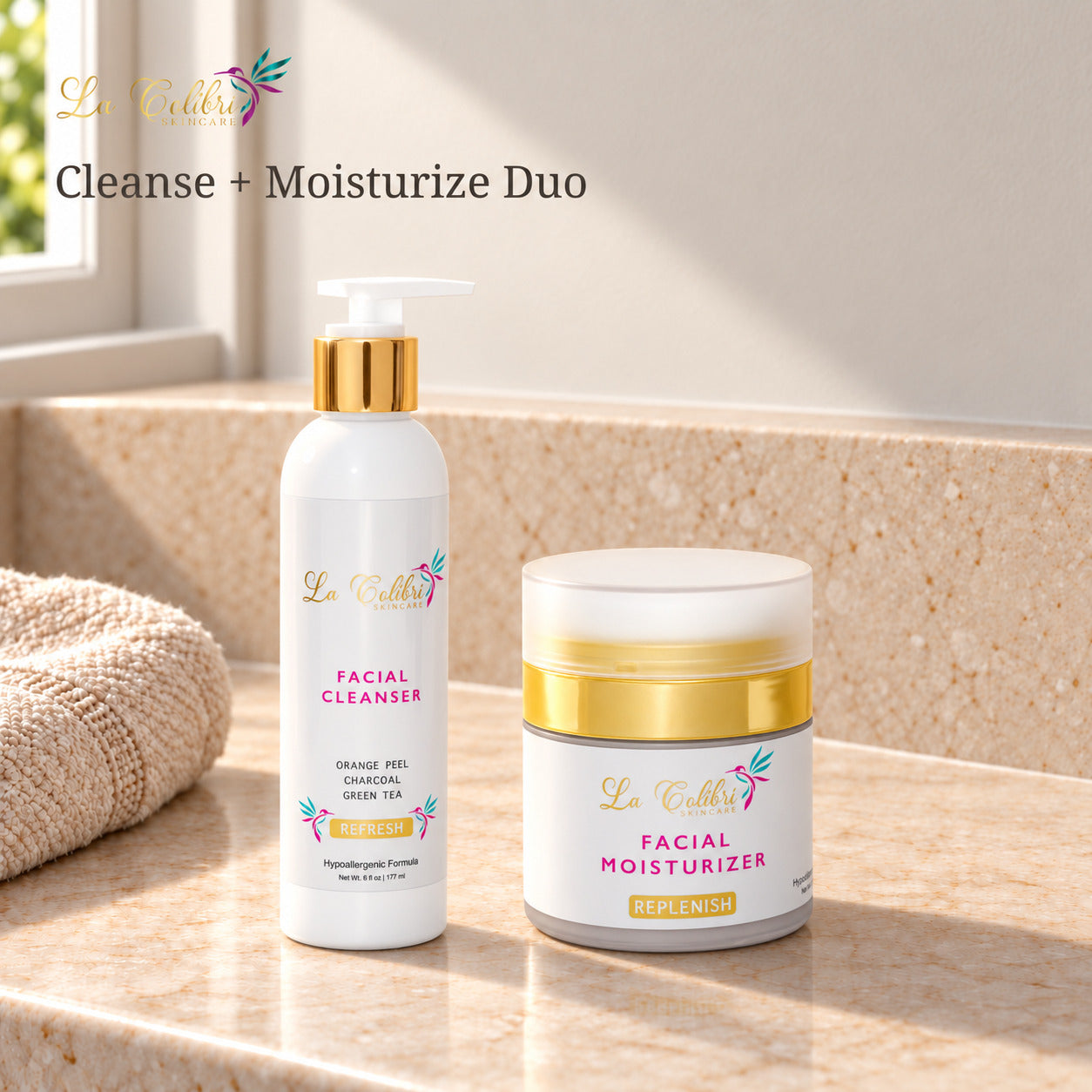 Cleanse + Moisturize Duo on a sunlit marble surface.