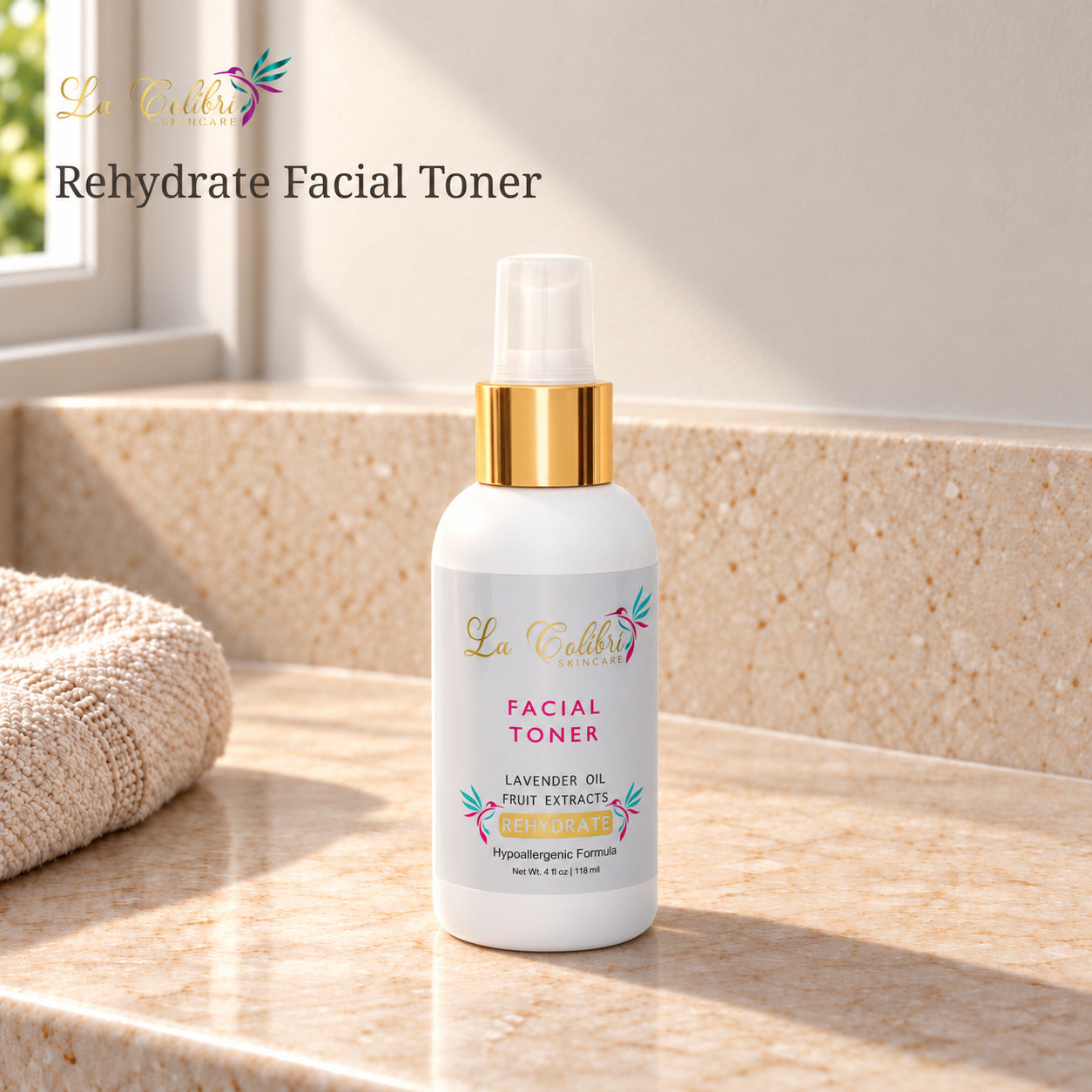 Rehydrate Facial Toner - 4 fl oz on a sunlit marble surface.
