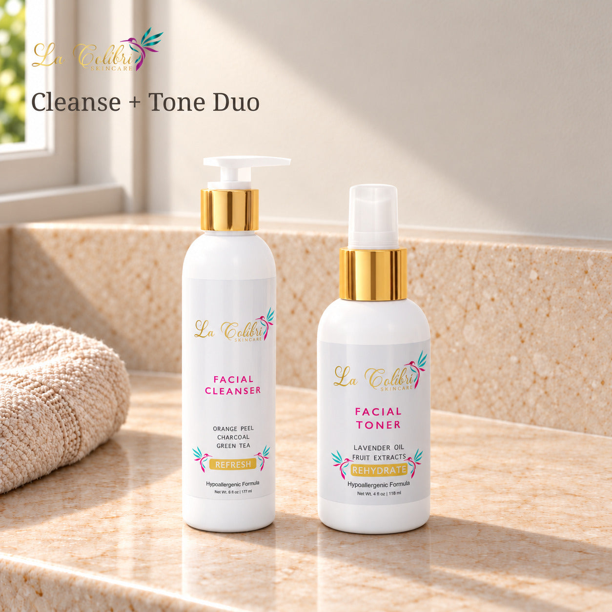 Cleanse + Tone Duo on a sunlit marble surface.