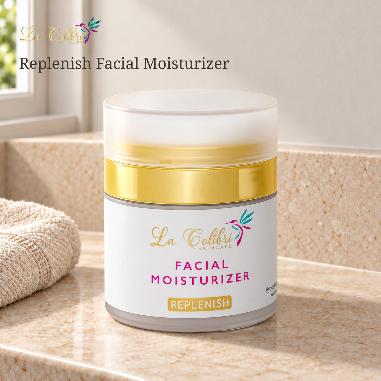 Replenish Facial Moisturizer - 1.7 fl oz on a sunlit marble surface.