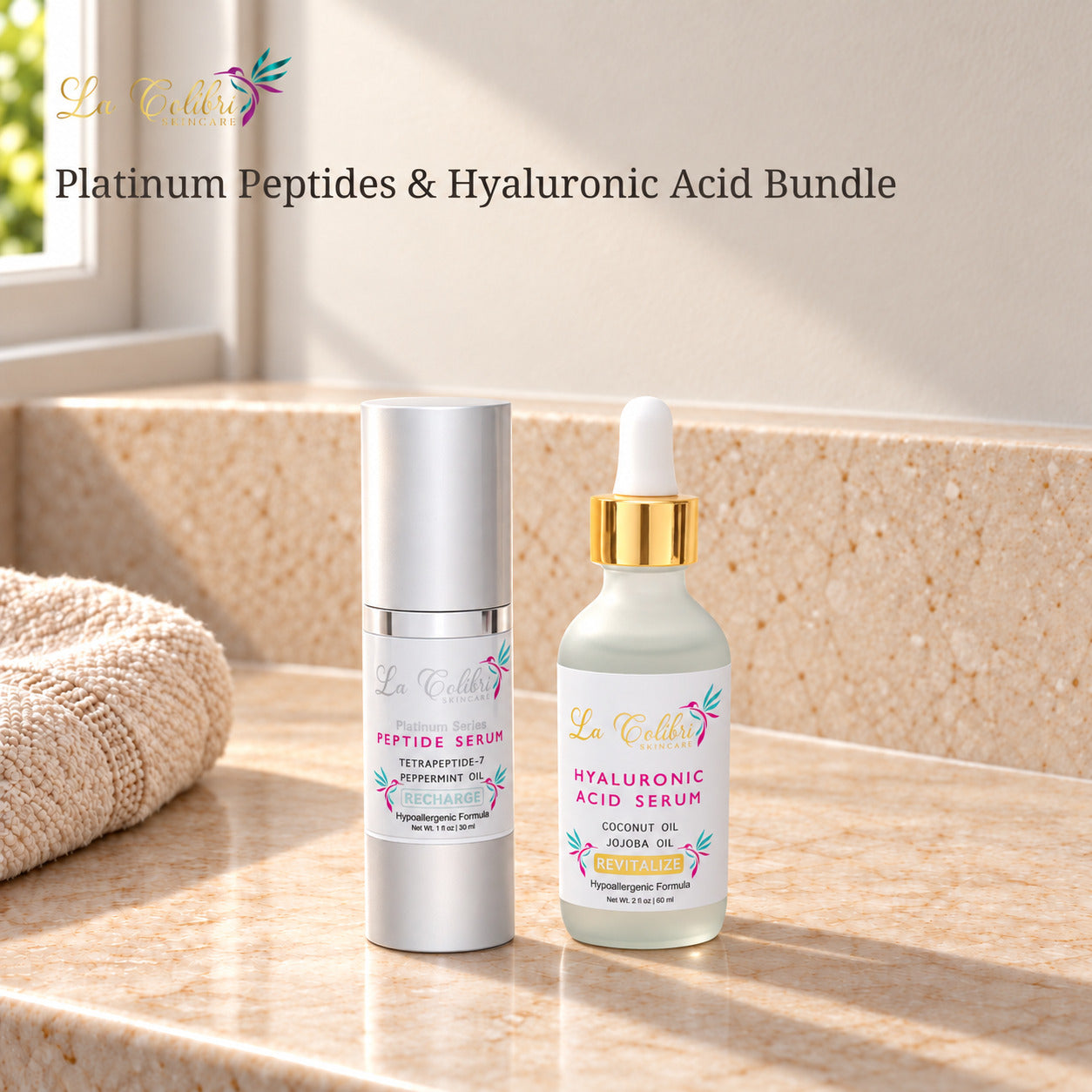Platinum Peptides & Hyaluronic Acid Bundle on a sunlit marble surface.