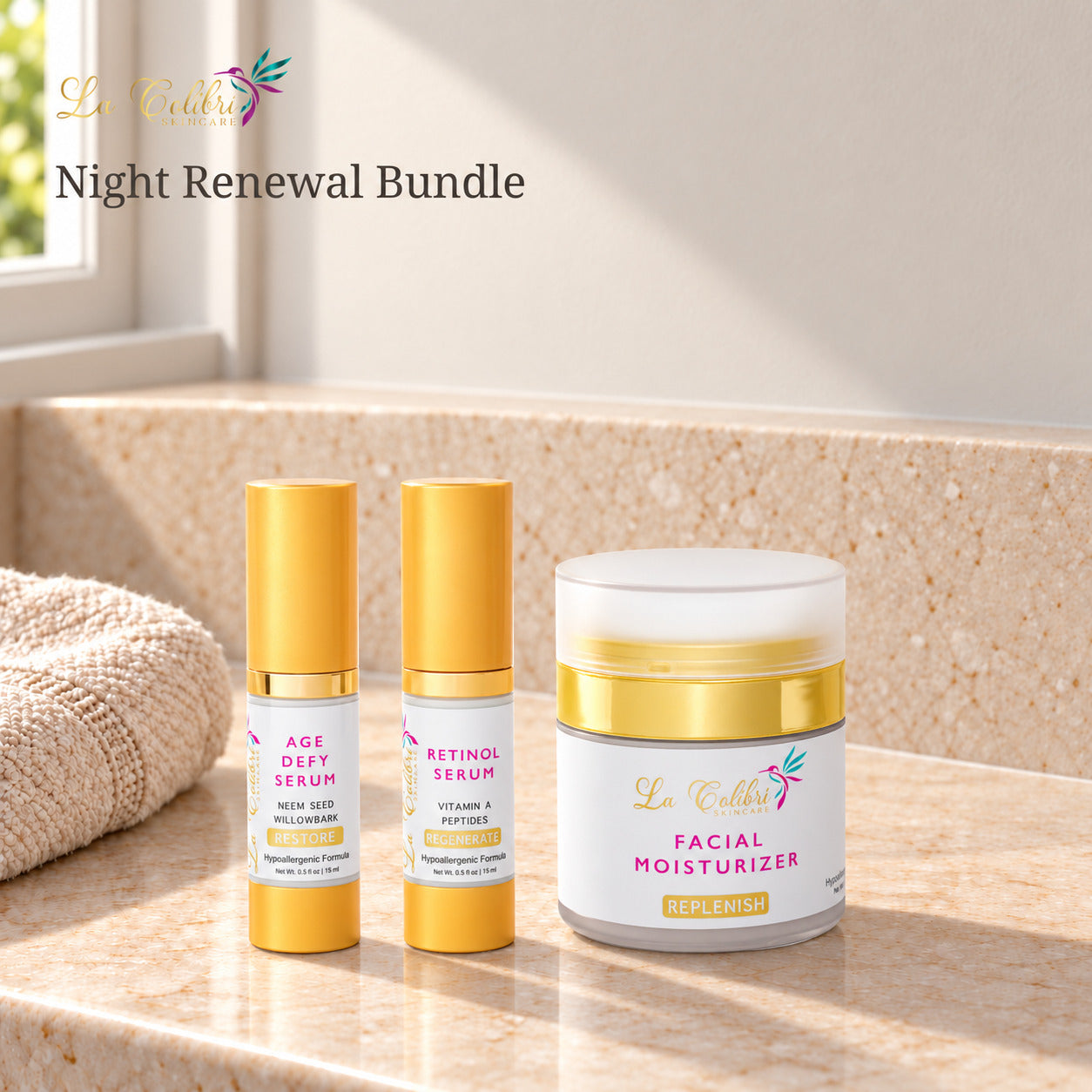 Night Renewal Bundle on a sunlit marble surface.