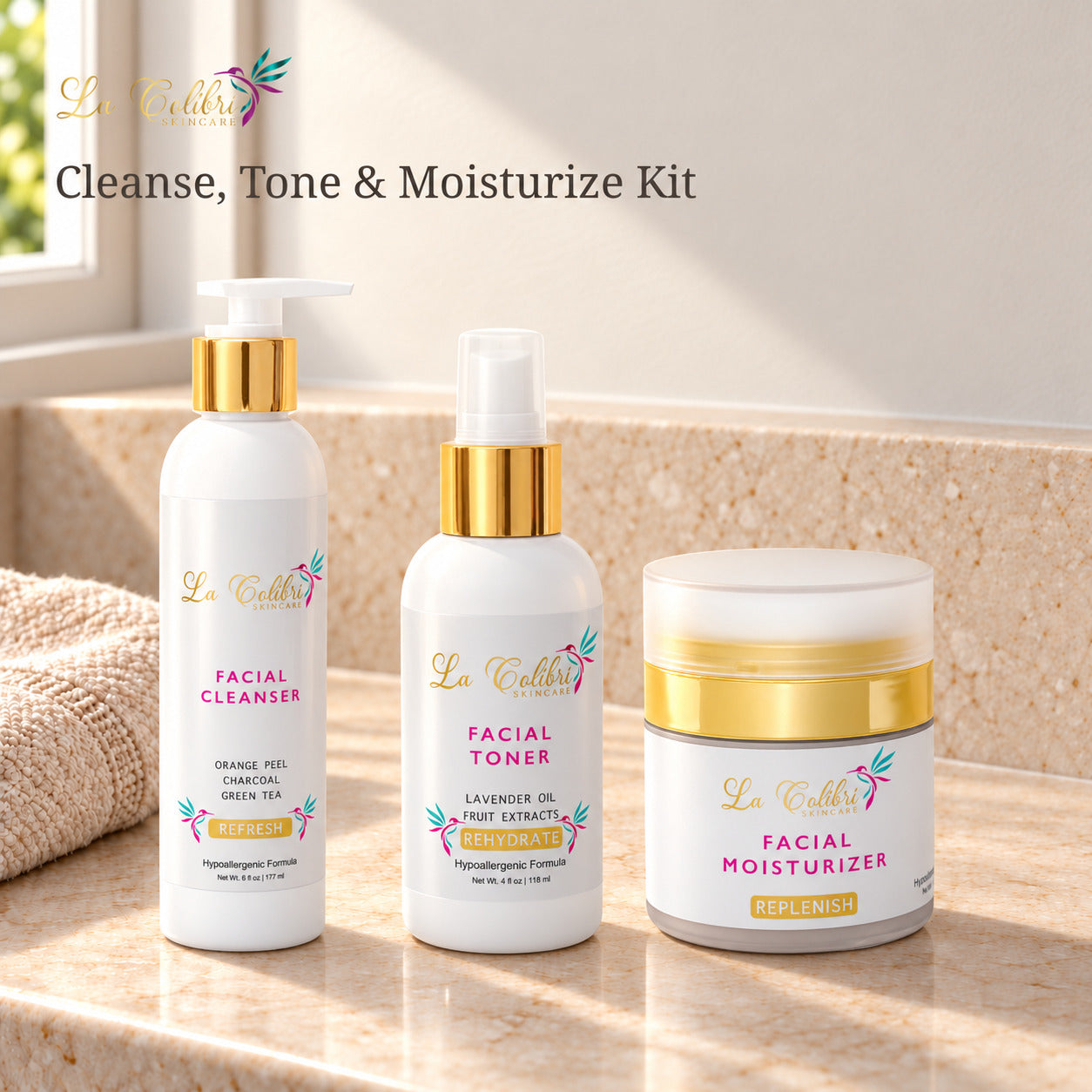 Cleanse, Tone & Moisturize Kit on a sunlit marble surface.