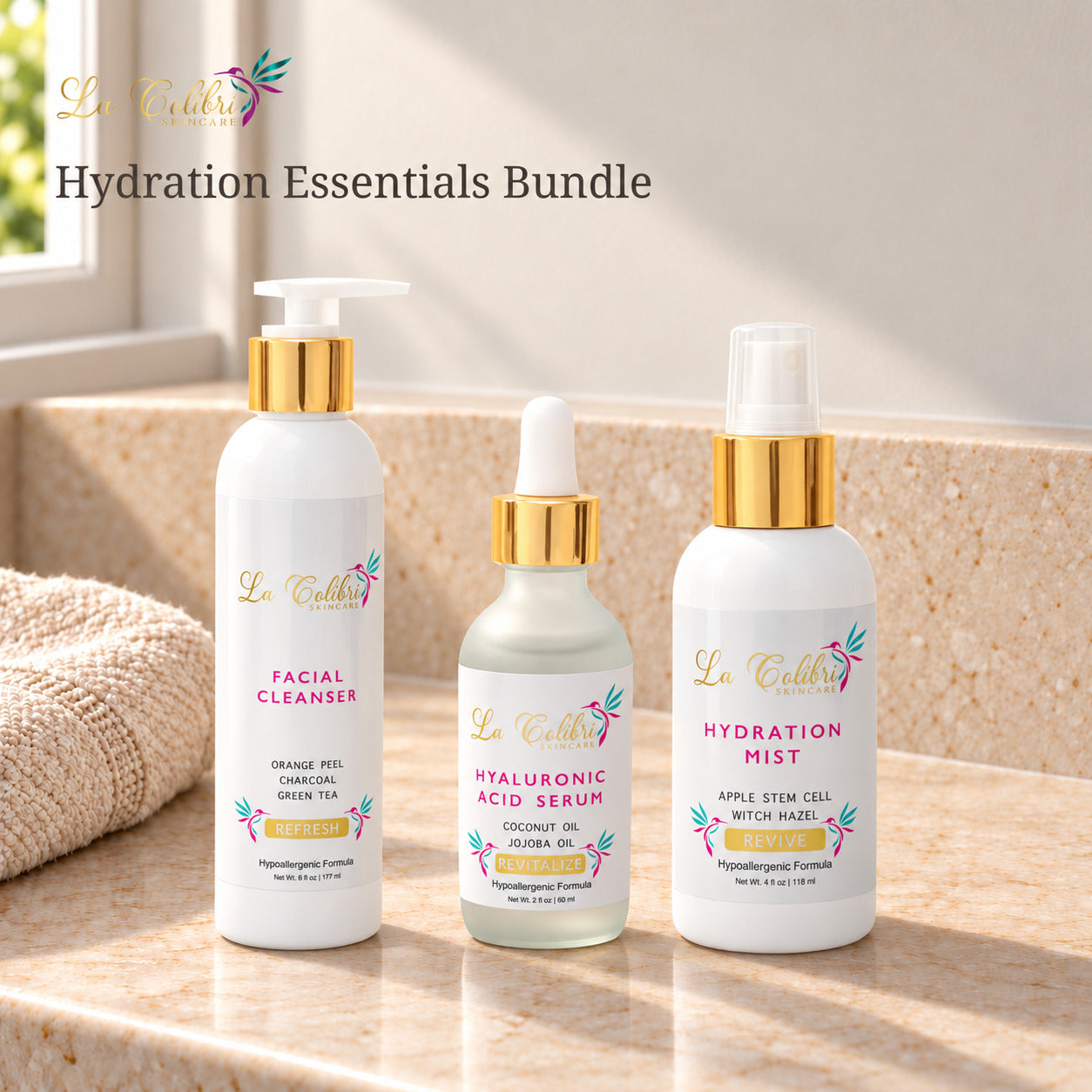 Hydration Essentials Bundle on a sunlit marble surface.