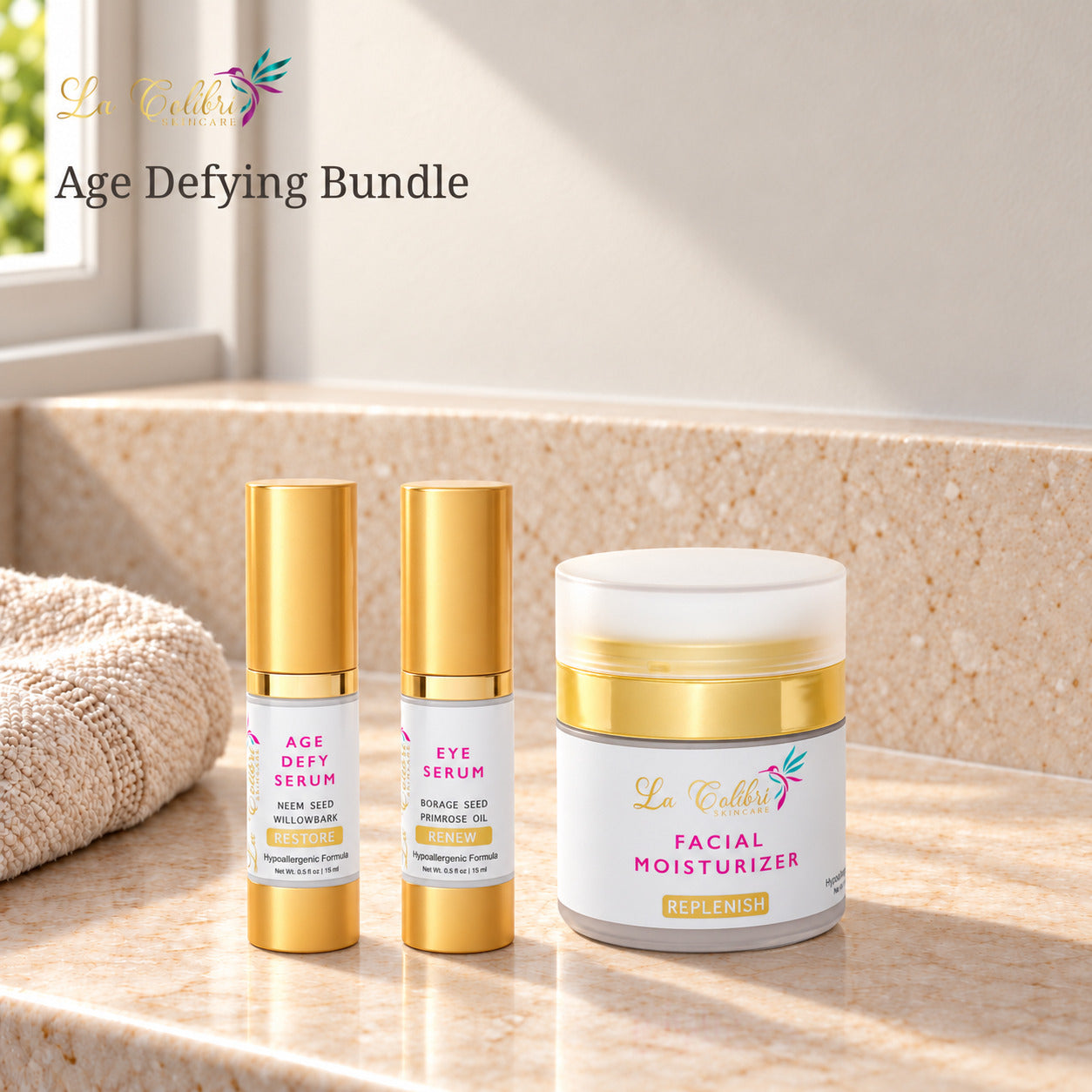 Age Defying Bundle on a sunlit marble surface.