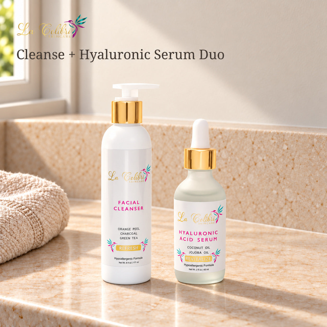 Cleanse + Hyaluronic Serum Duo on a sunlit marble surface.