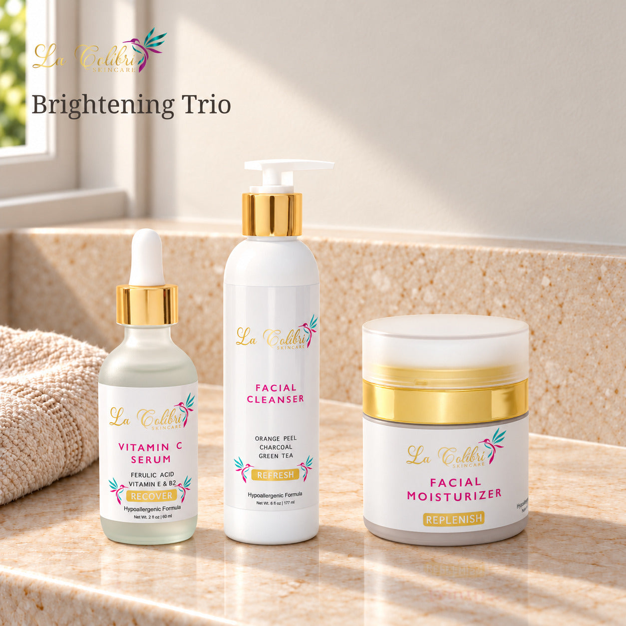 Brightening Trio on a sunlit marble surface.