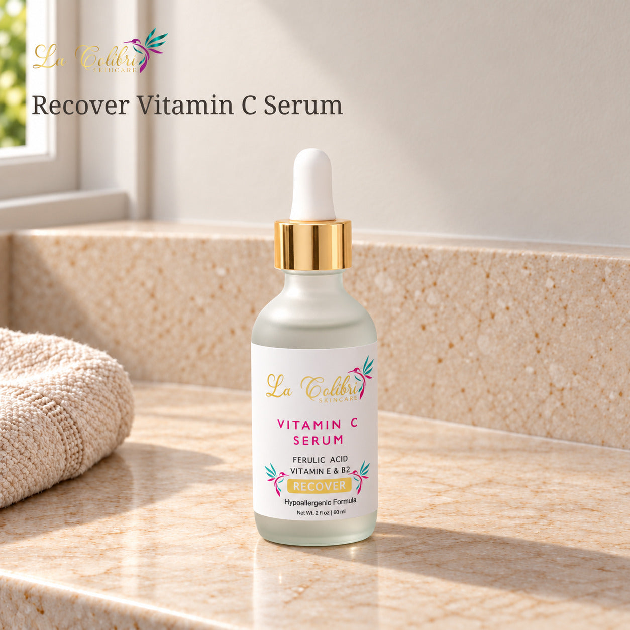 Recover Vitamin C Serum - 2 fl oz on a sunlit marble surface.