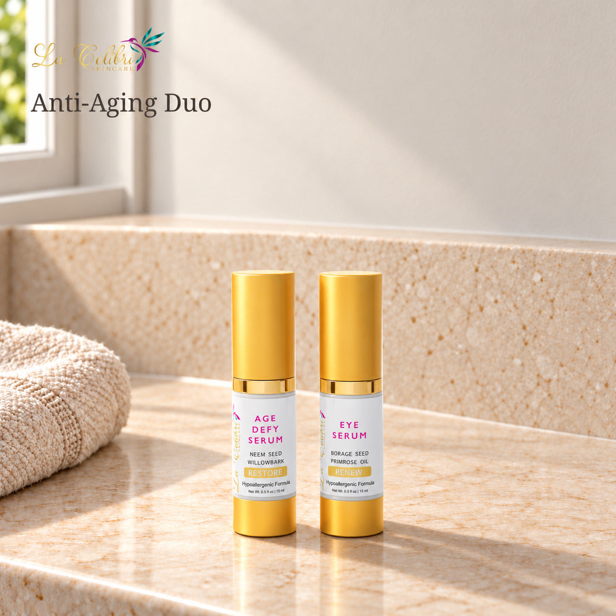Anti-Aging Duo on a sunlit marble surface.