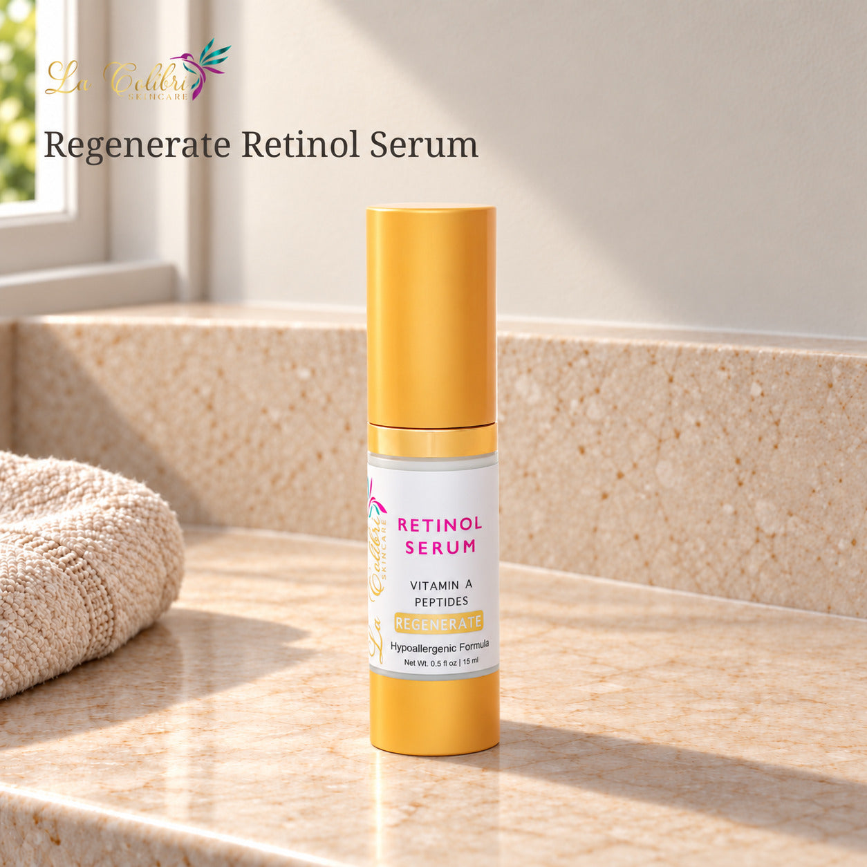 Regenerate Retinol Serum - 0.5 fl oz on a sunlit marble surface.