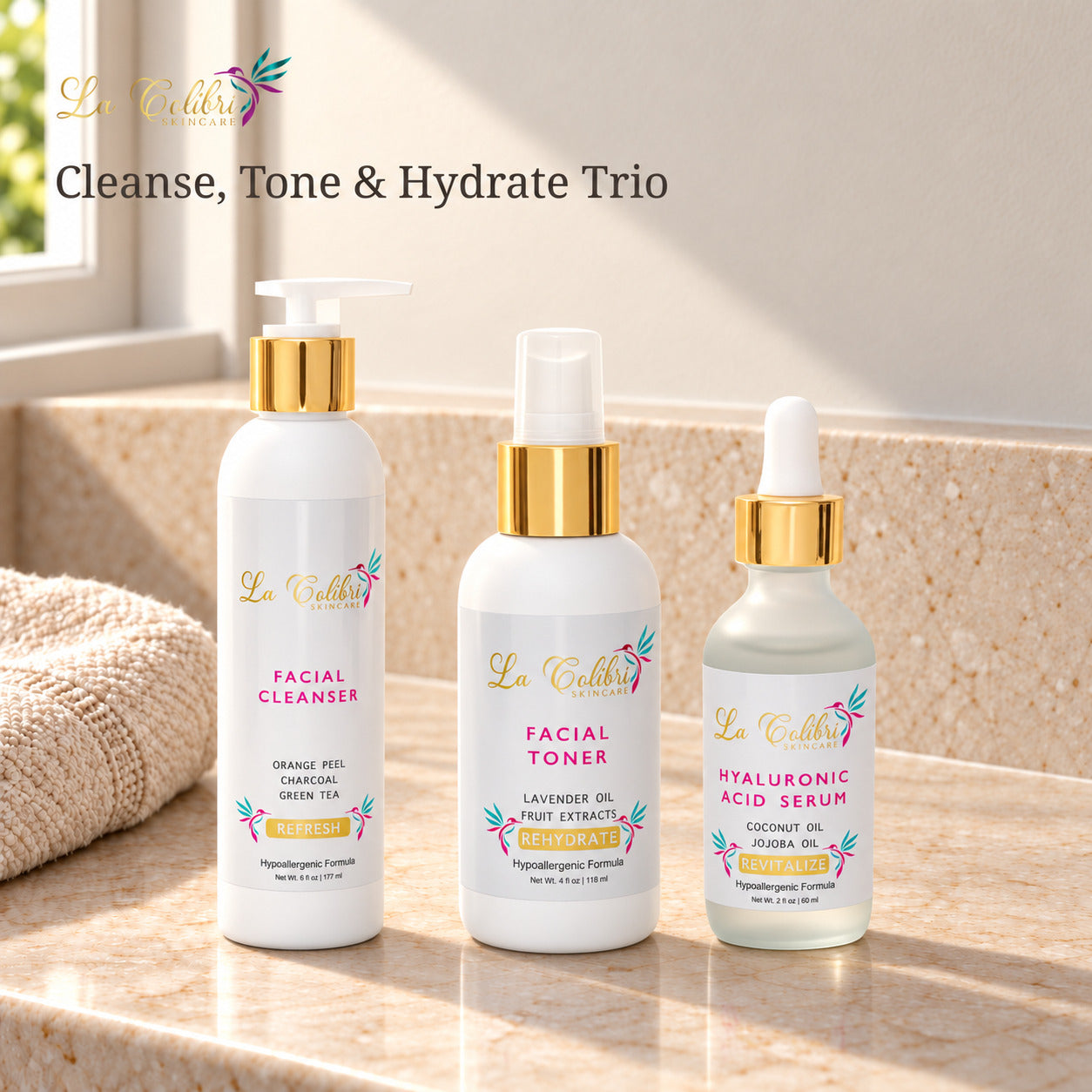 Cleanse, Tone & Hydrate Trio on a sunlit marble surface.