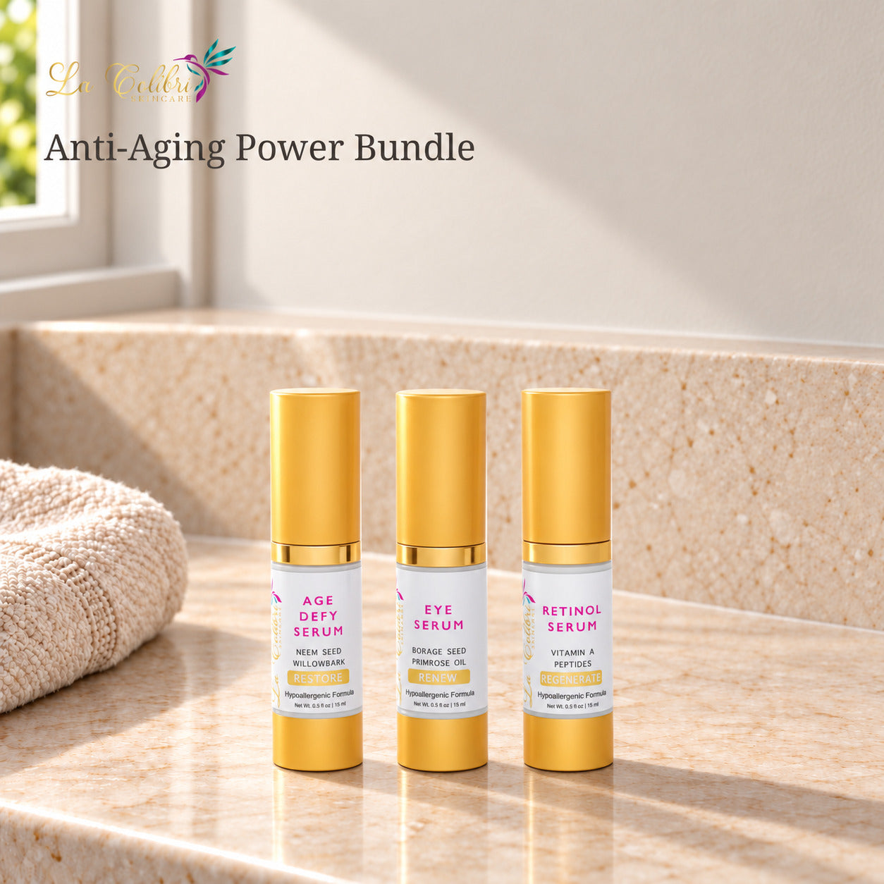 Anti-Aging Power Bundle on a sunlit marble surface.