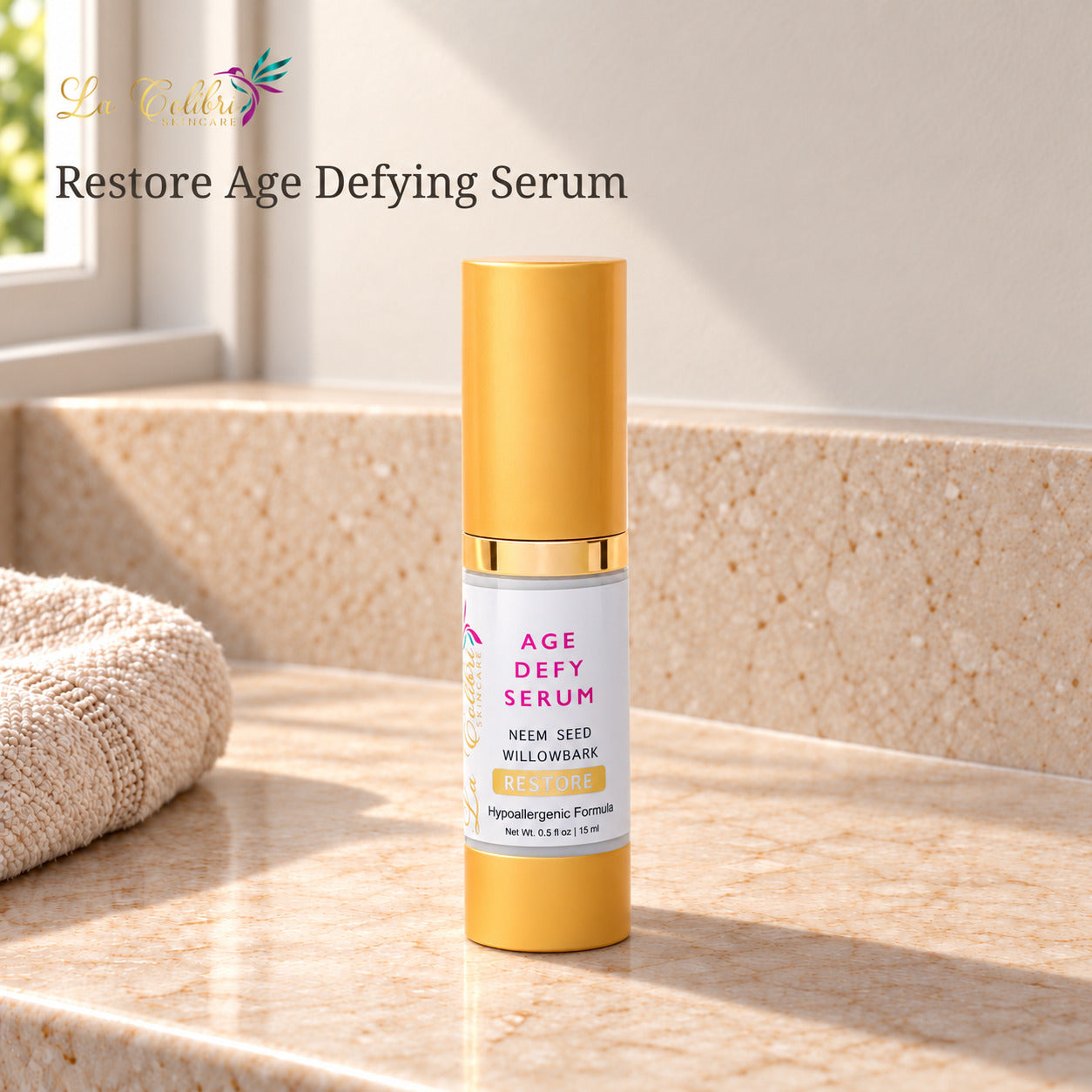 Restore Age Defying Serum - 0.5 fl oz on a sunlit marble surface.