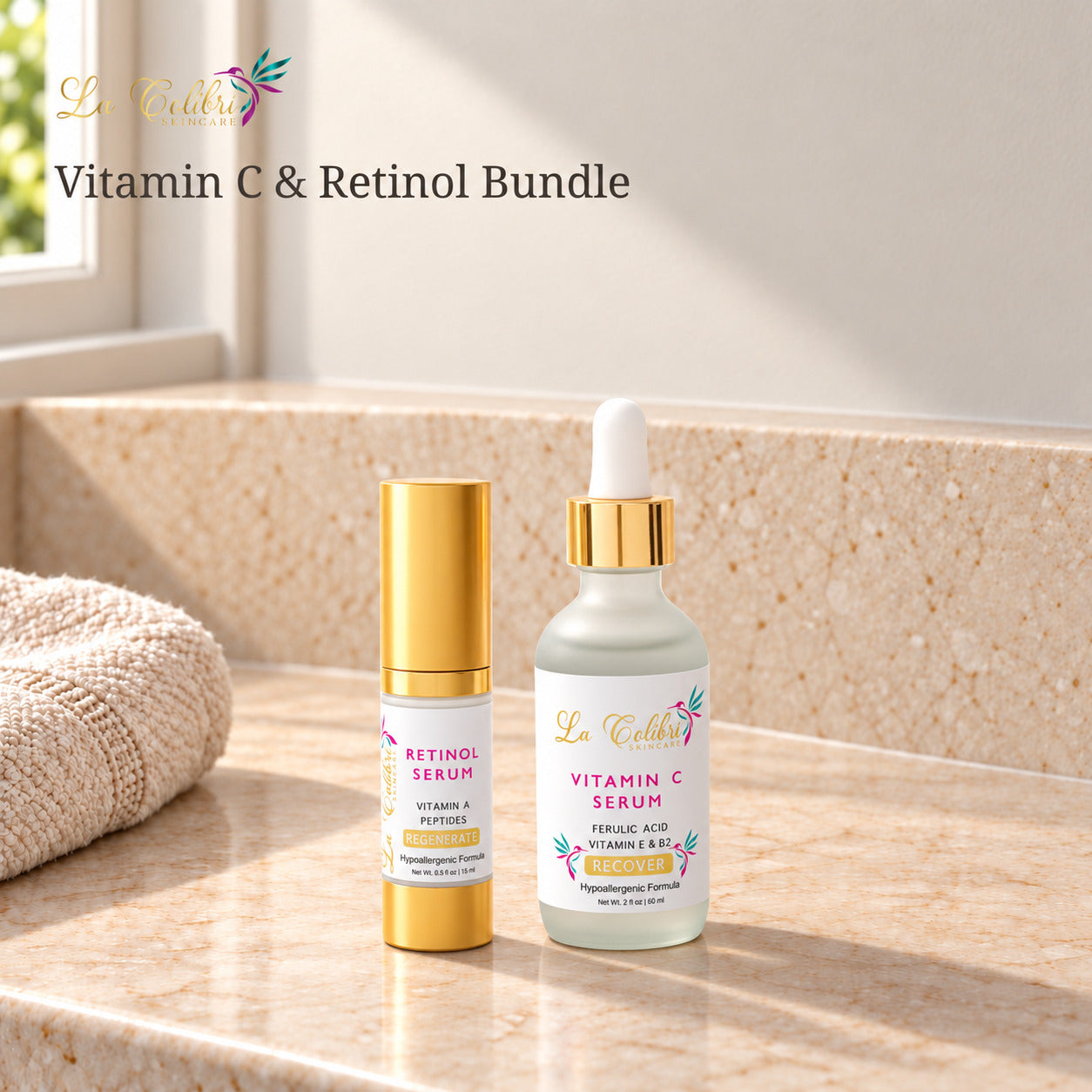 Vitamin C & Retinol Bundle on a sunlit marble surface.