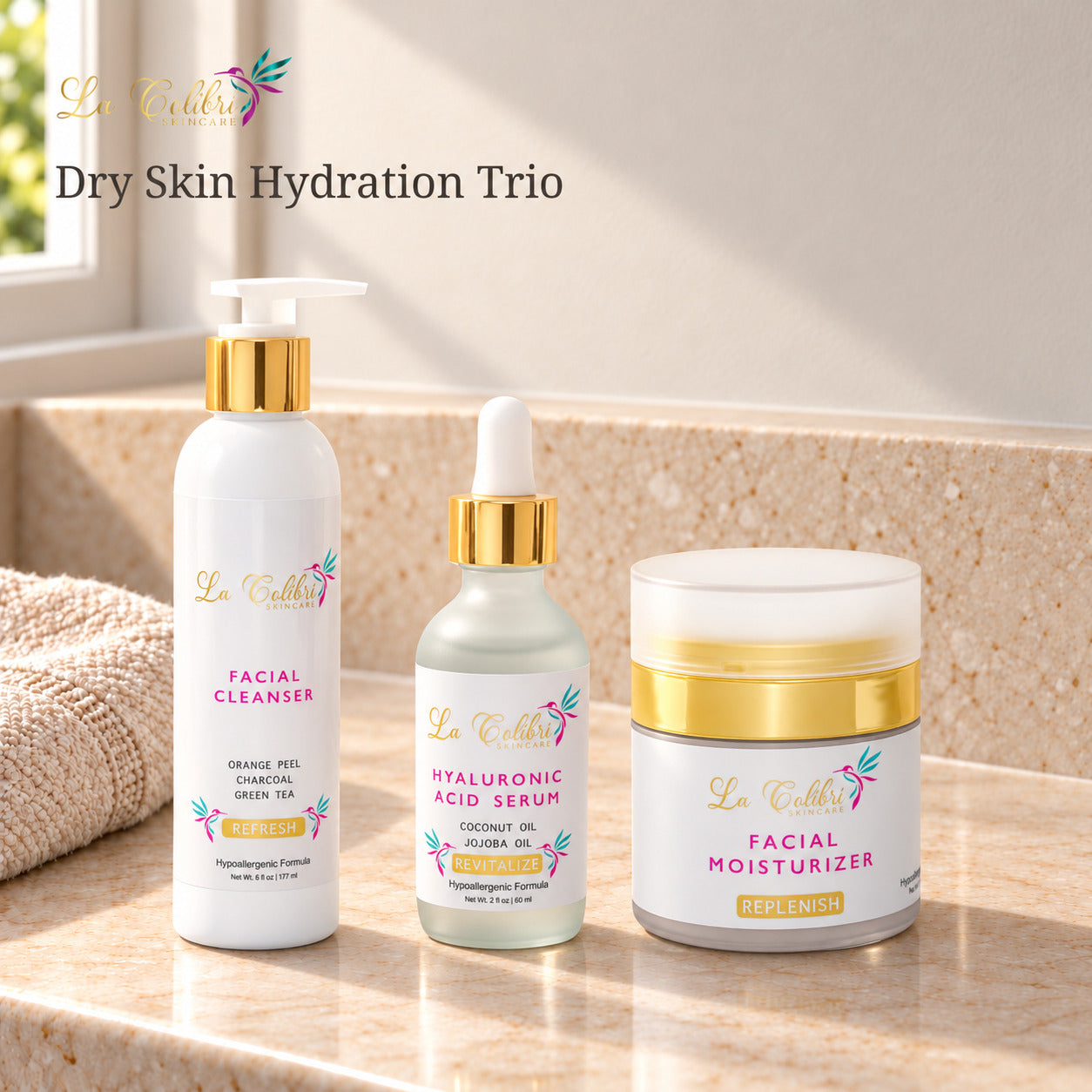 Dry Skin Hydration Trio on a sunlit marble surface.
